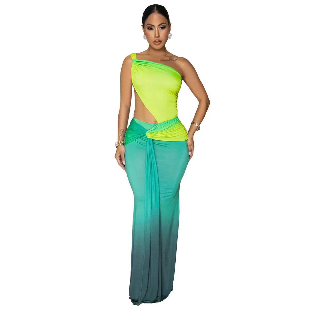 Women's gradient colour long summer dress with cross-shoulder straps and high waist design