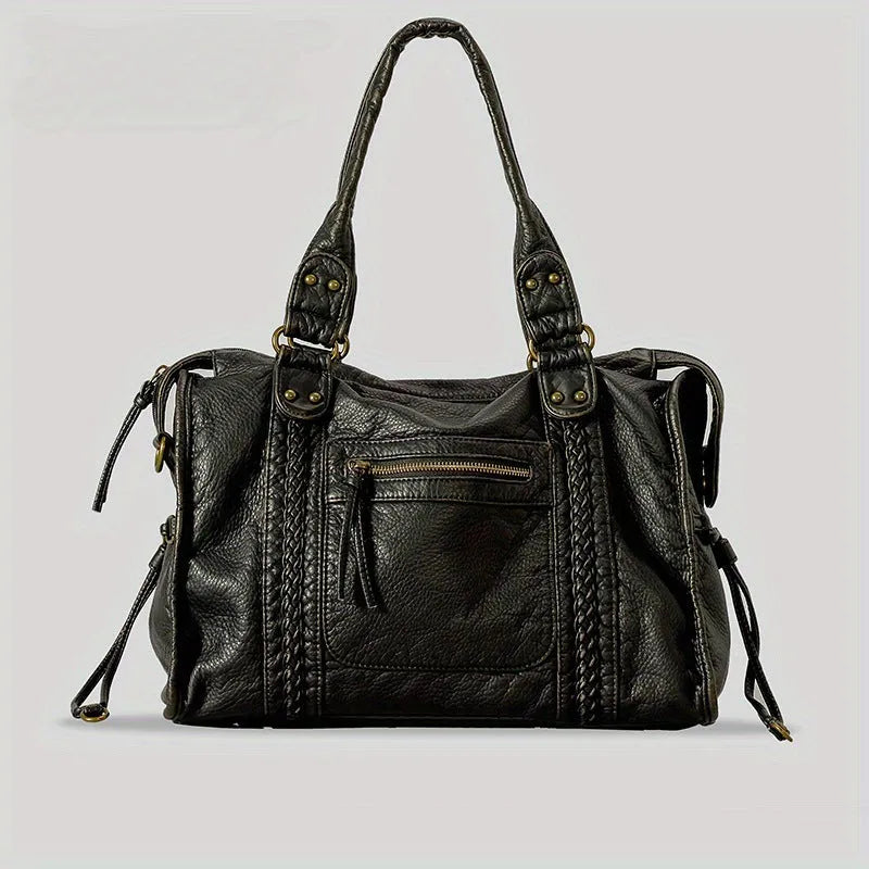 Women's French retro motorcycle messenger bag in soft PU leather with woven accents and internal compartments