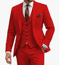 Men's slim fit three-piece suit in a choice of colours including bright red, champagne, and dark purple.