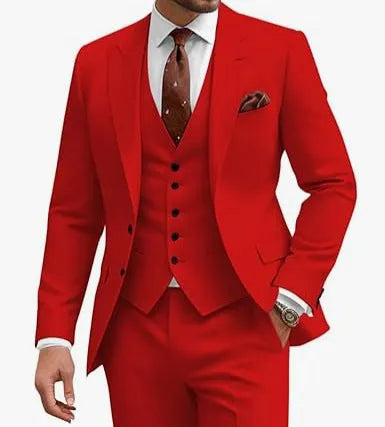 Men's slim fit three-piece suit in a choice of colours including bright red, champagne, and dark purple.
