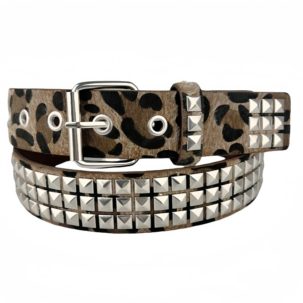 Women's brown leopard print punk belt with silver metal decorative rivets and an alloy pin buckle.