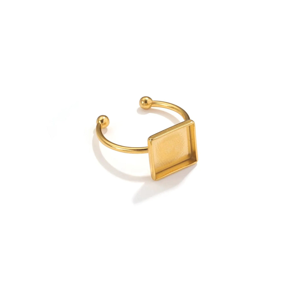 Golden stainless steel ring setting with various bezel shapes for gemstones on ring holder