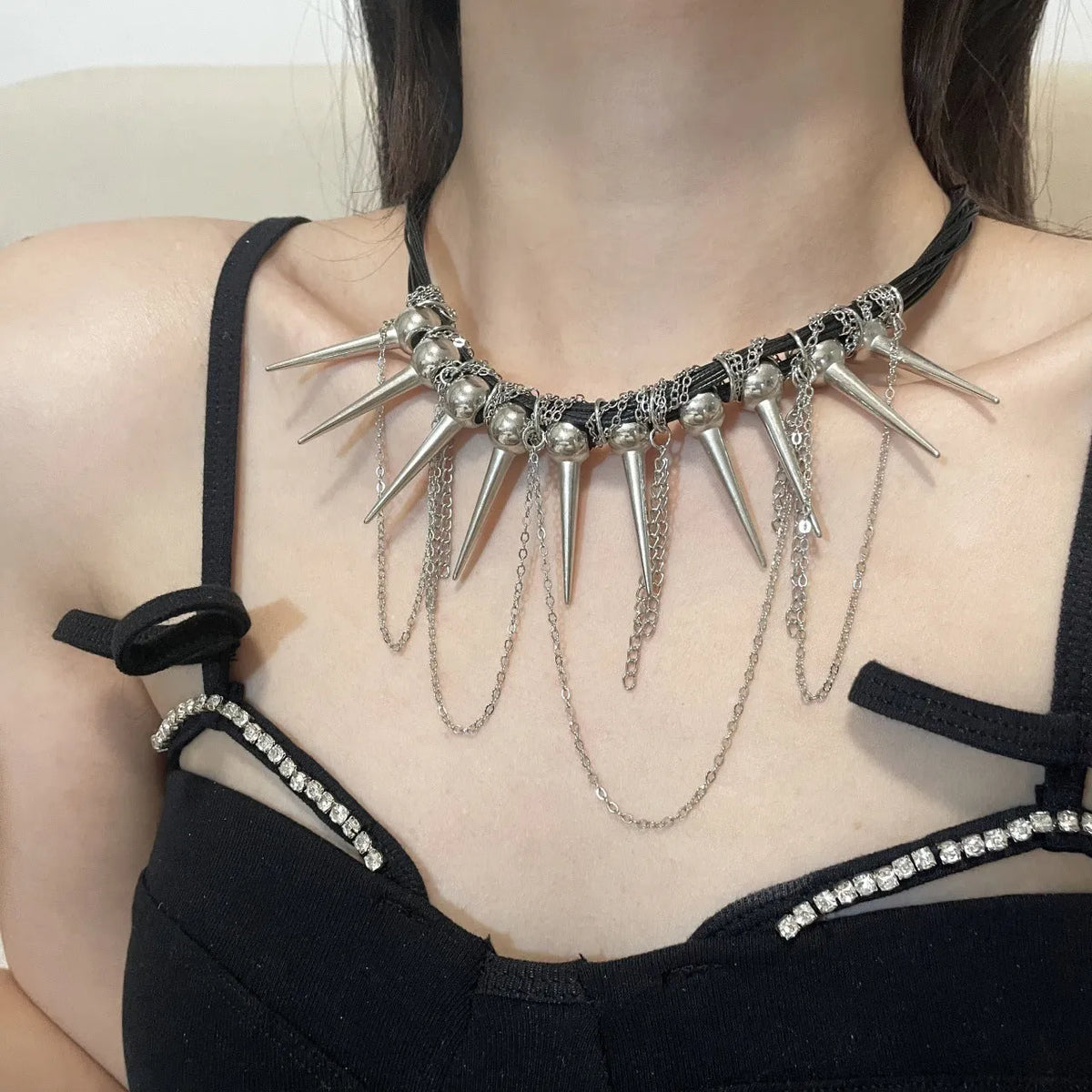 Leather winding tassel necklace with round beads and rivet accents for women