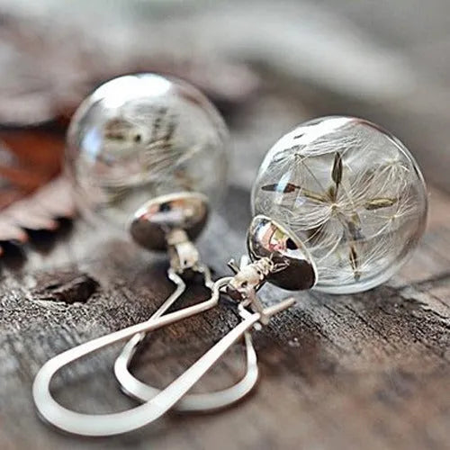 Transparent 16mm glass ball earrings with dandelion seed design on French hooks