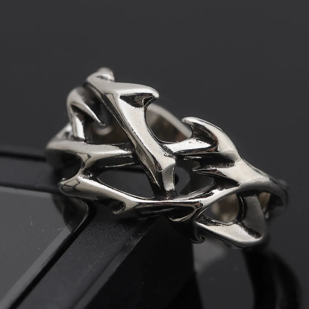 Copper men's thorn flower ring with geometric floral patterns and adjustable opening