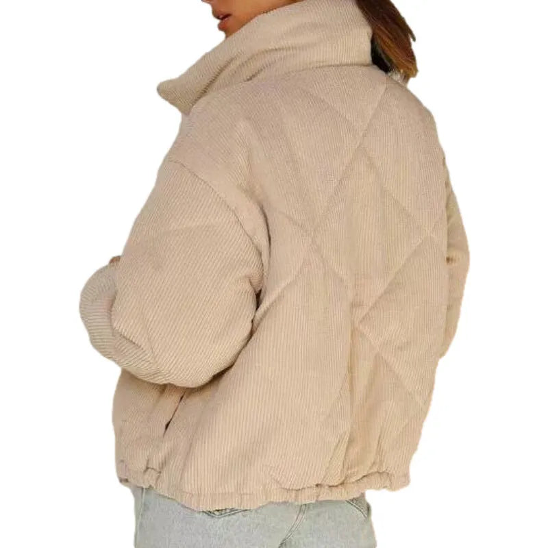 Women's apricot corduroy wadded jacket with stand collar and full-length zipper in European street fashion style