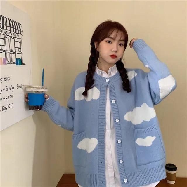 Blue cloud pattern loose fit women's spandex cardigan sweater with long sleeves