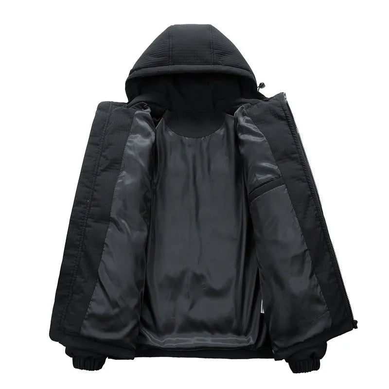 Men's Korean style winter coat with hood and side pockets in black or khaki colours with letter print