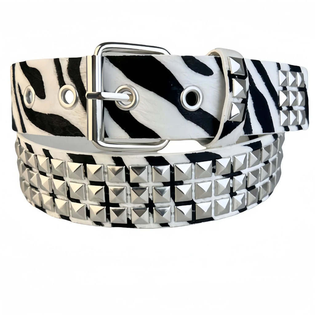 Women's brown leopard print punk belt with silver metal decorative rivets and an alloy pin buckle.
