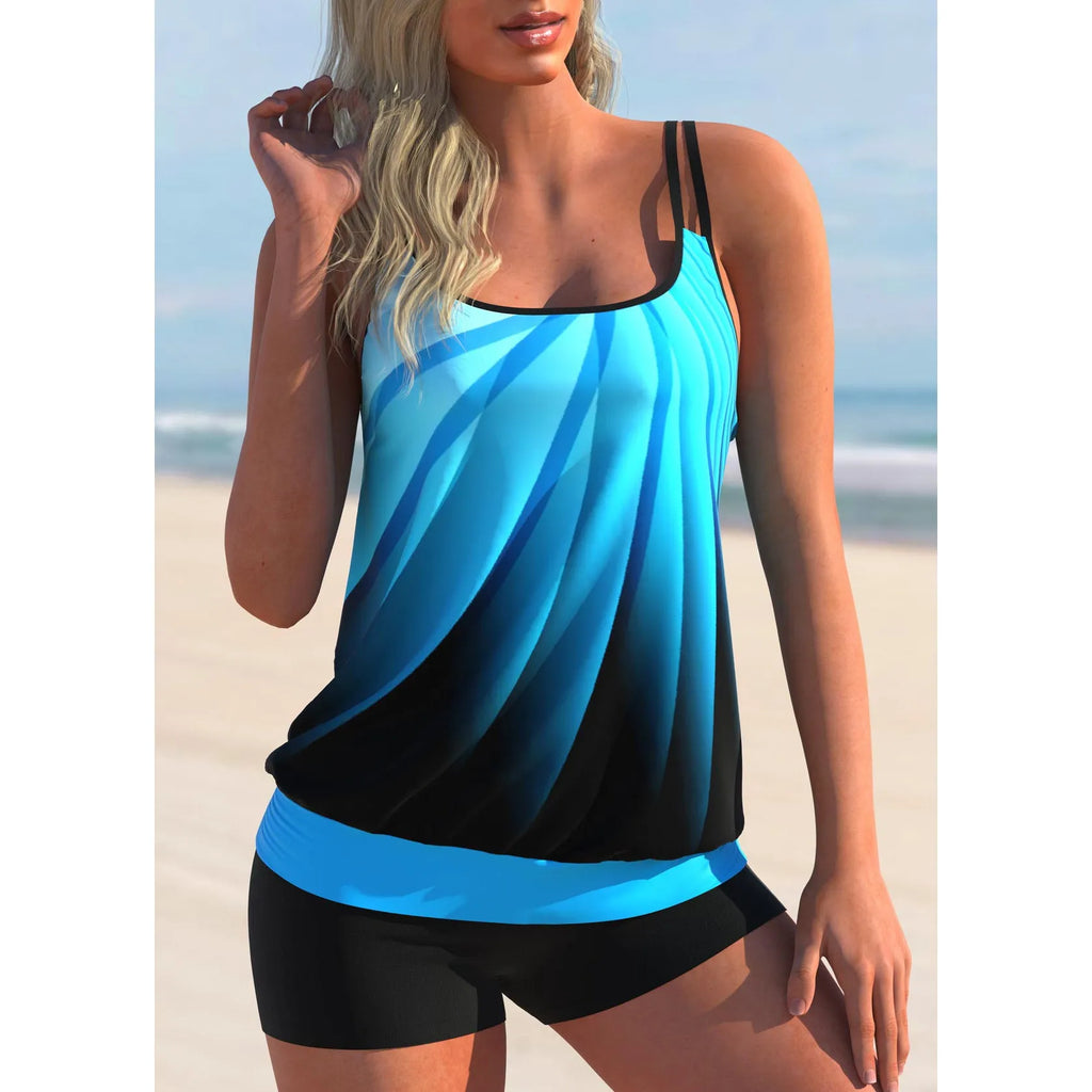 Women's plus size printed swimsuit set with strappy bikini top and matching beach shorts in butterfly pattern
