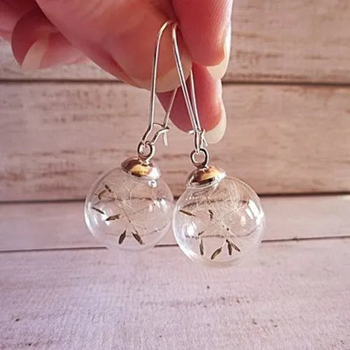Transparent 16mm glass ball earrings with dandelion seed design on French hooks