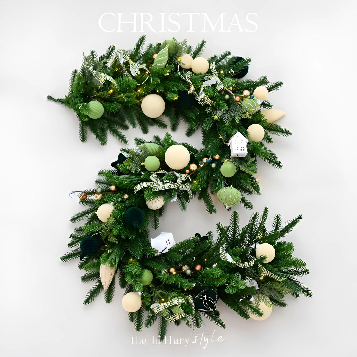1.8m PE leaf Christmas garland in green and white with lights, European style, single vine piece