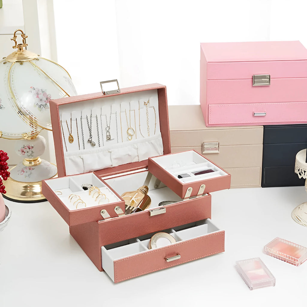 Hard rectangular PU leather jewellery storage box in a choice of black, pink, rose gold, or beige.