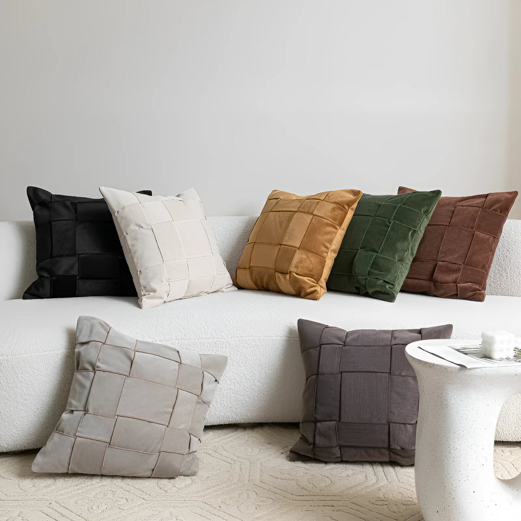 Square chenille woven cushion in beige, black, orange, reddish brown, retro green, rice coffee, or taupe, 50x50cm.