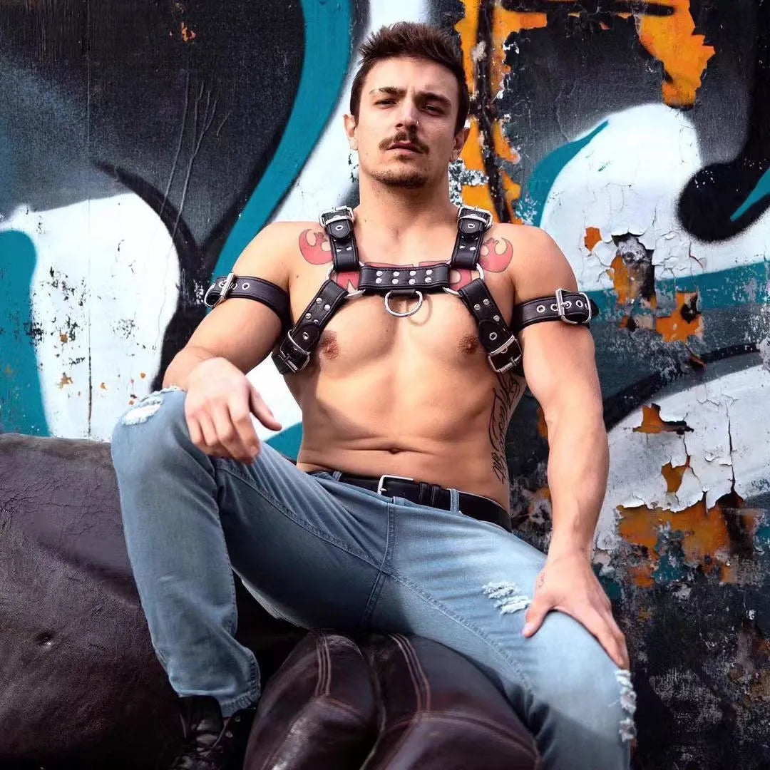 Black leather chest bondage strap with metal buckle for adjustable muscle harness costumes