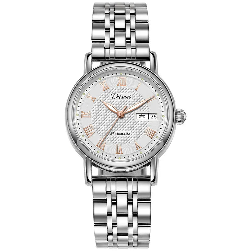 Women's automatic watch with 12mm case on steel bracelet and leather strap options