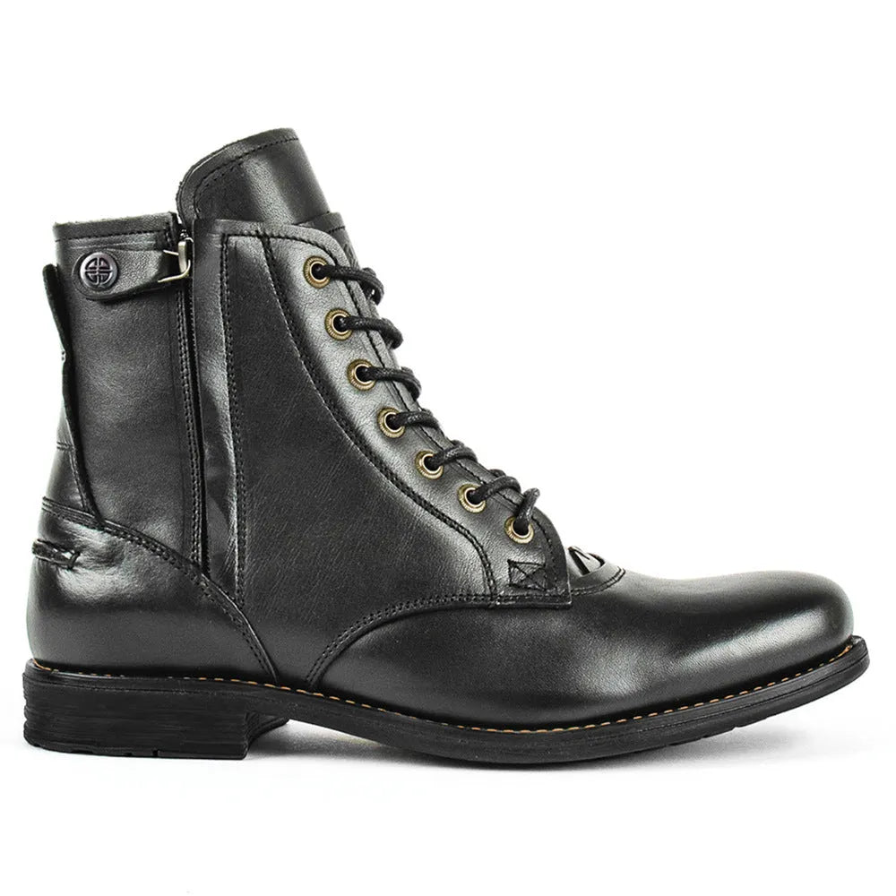 Knight Series Black two-tone leather boot with side zipper and low heel.