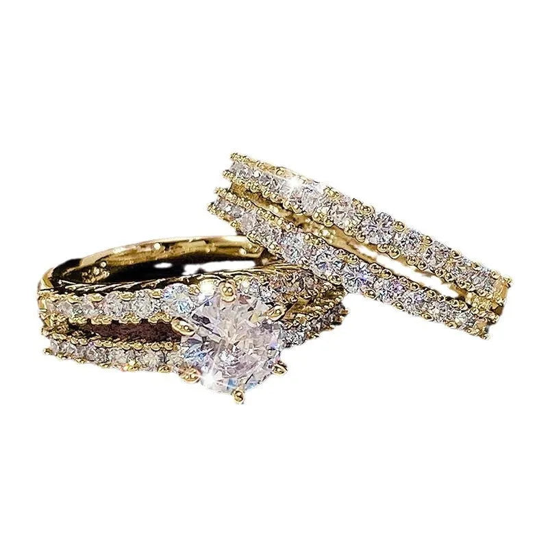 2 in 1 fashion female ring set in alloy with diamond treatment showing silver gold rose gold colours