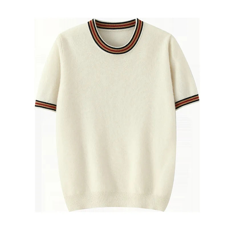 Men's grey short sleeve round neck wool sweater laid flat