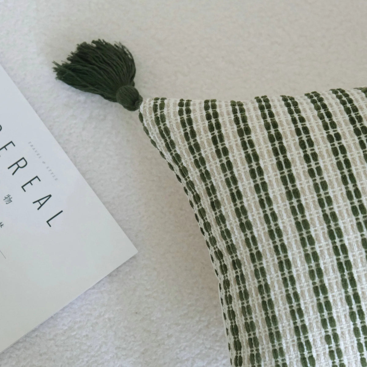 Silent Wind green cotton linen hotel pillow with striped botanical pattern and tassel trim in multiple size options