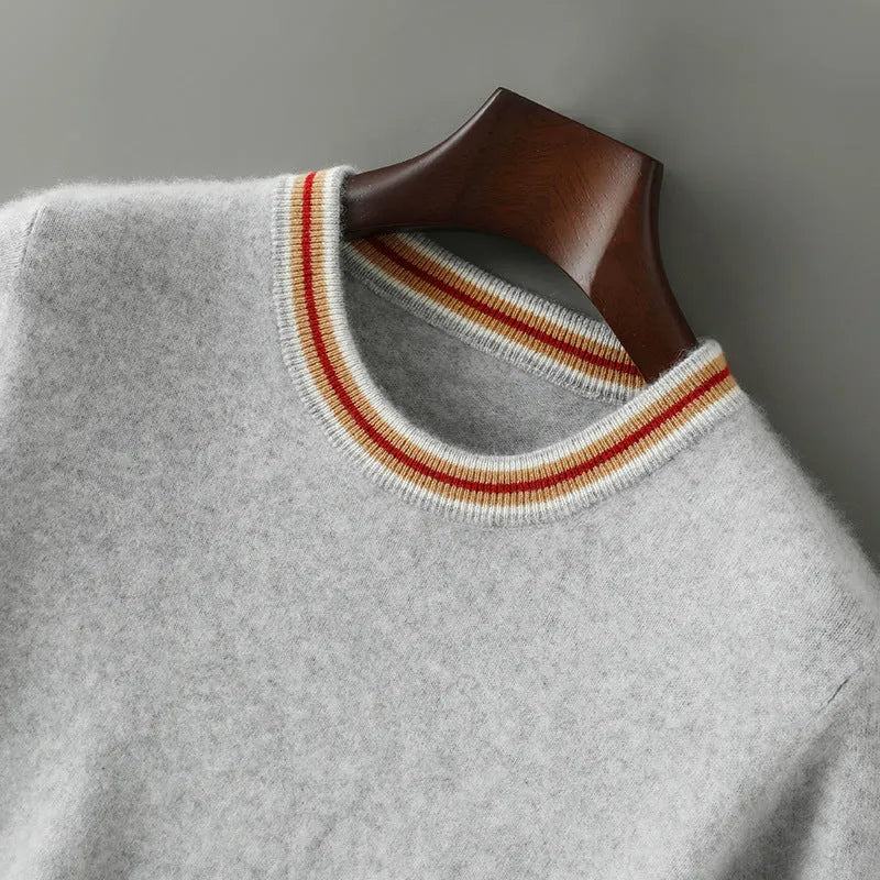 Men's grey short sleeve round neck wool sweater laid flat
