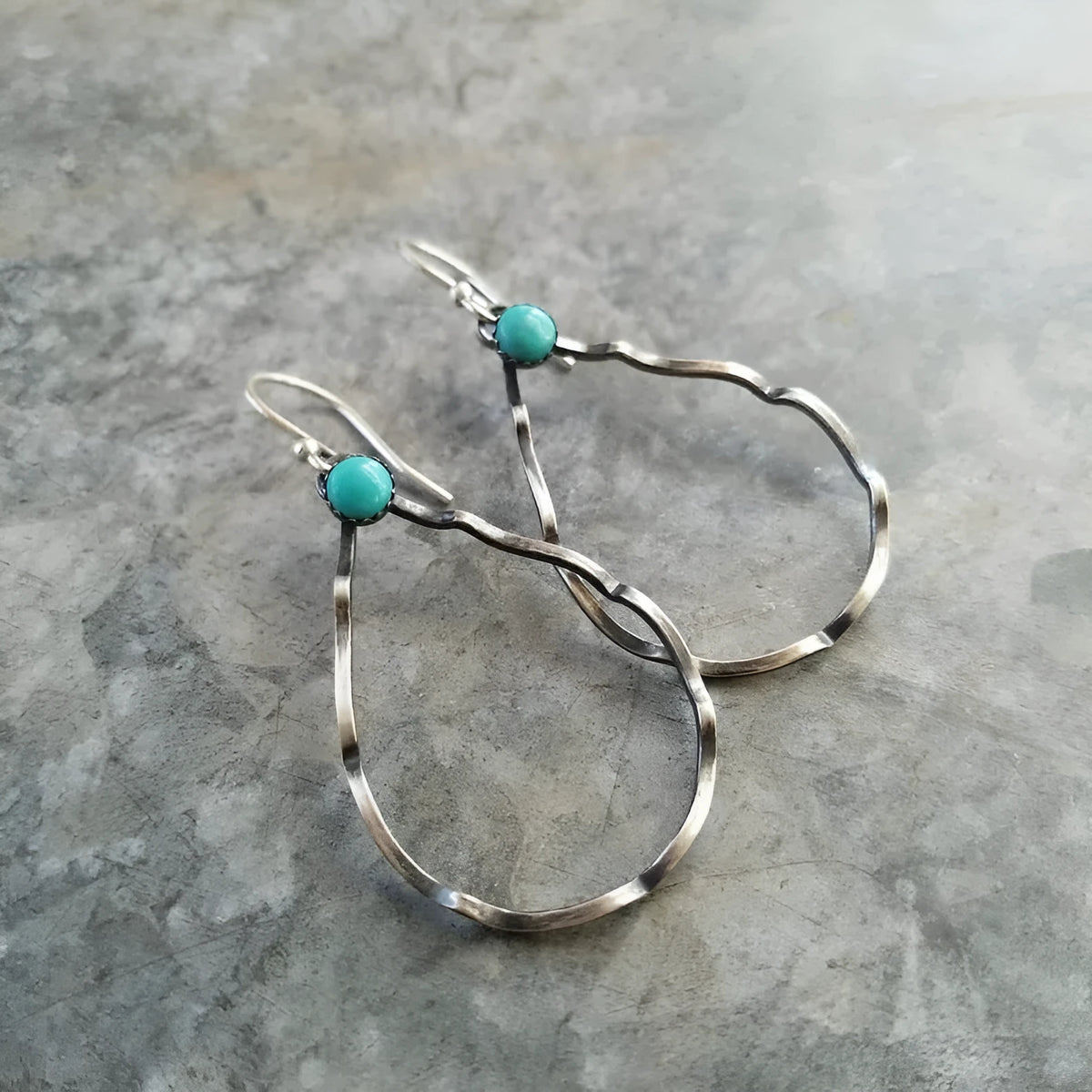 Geometric circle bohemian earrings in antique silver with turquoise accents