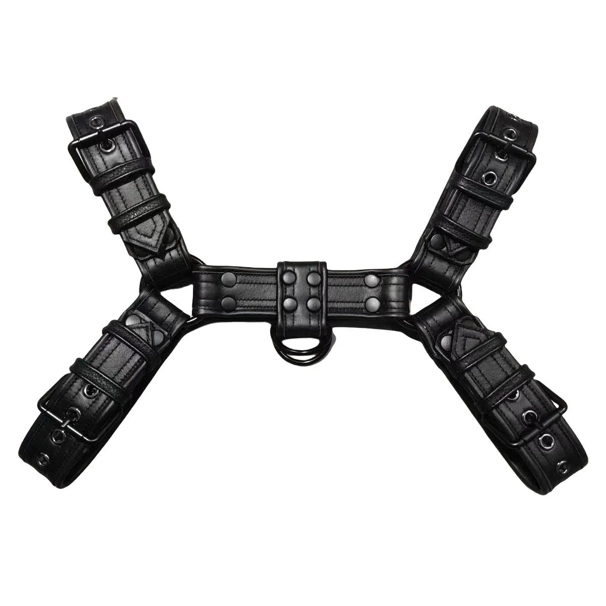 Black leather chest bondage strap with metal buckle for adjustable muscle harness costumes