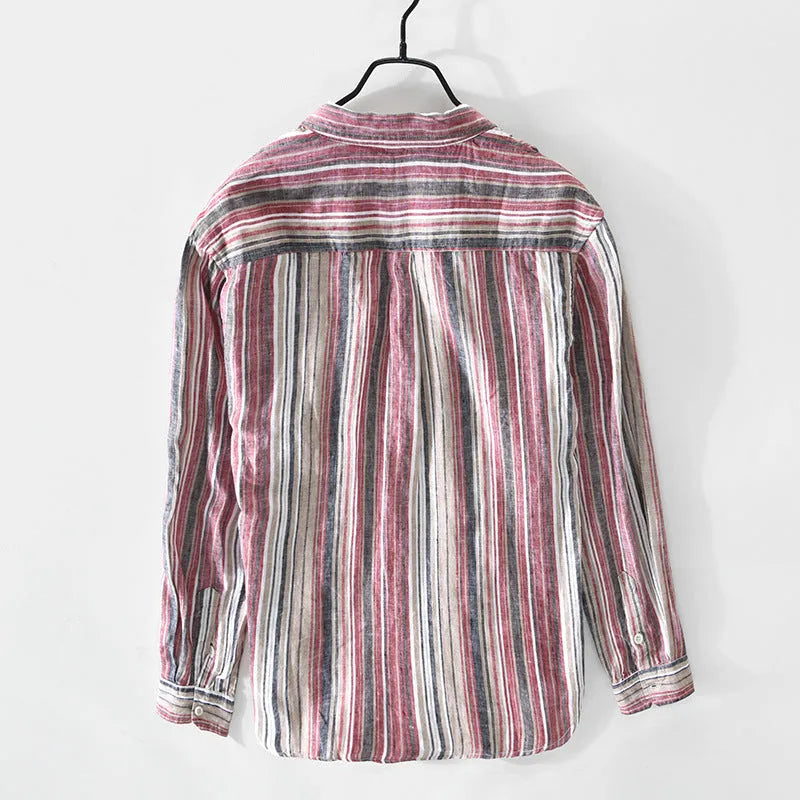 Men's striped linen shirt in red or grey colours with long sleeves and loose fit