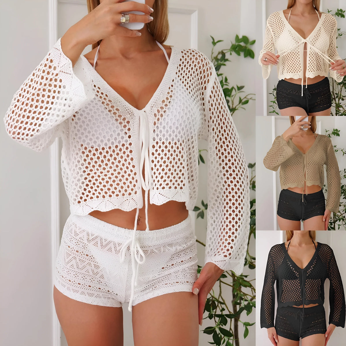 Women's apricot hollow woven cardigan blouse with bell sleeves shown open as a layer