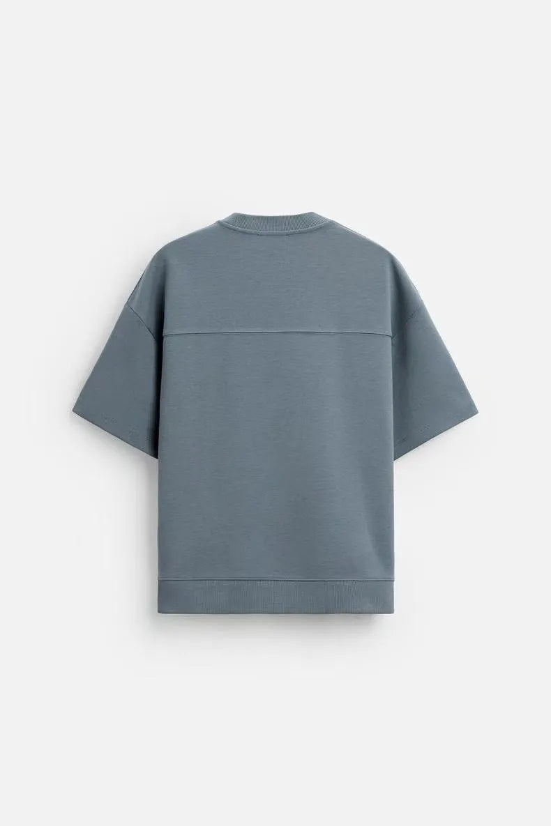 Loose fit double-sided texture polyester short sleeve top and matching shorts set in blue colour
