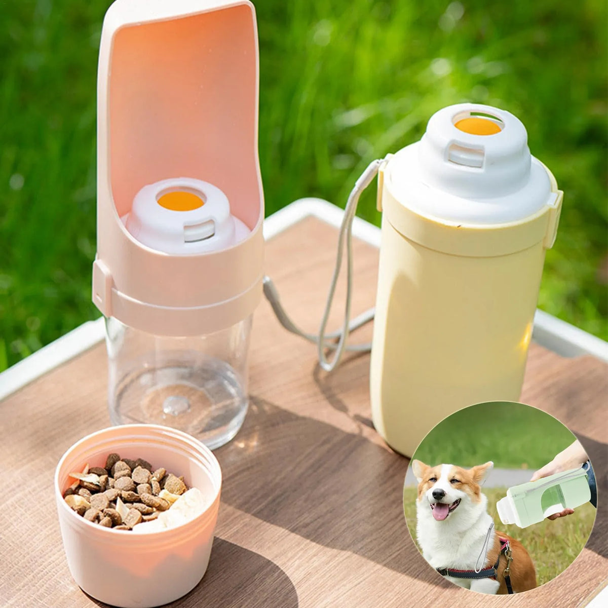 Grey 2-in-1 travel dog water bottle and food dispenser with lanyard attached, showing separate water and dry food compartments