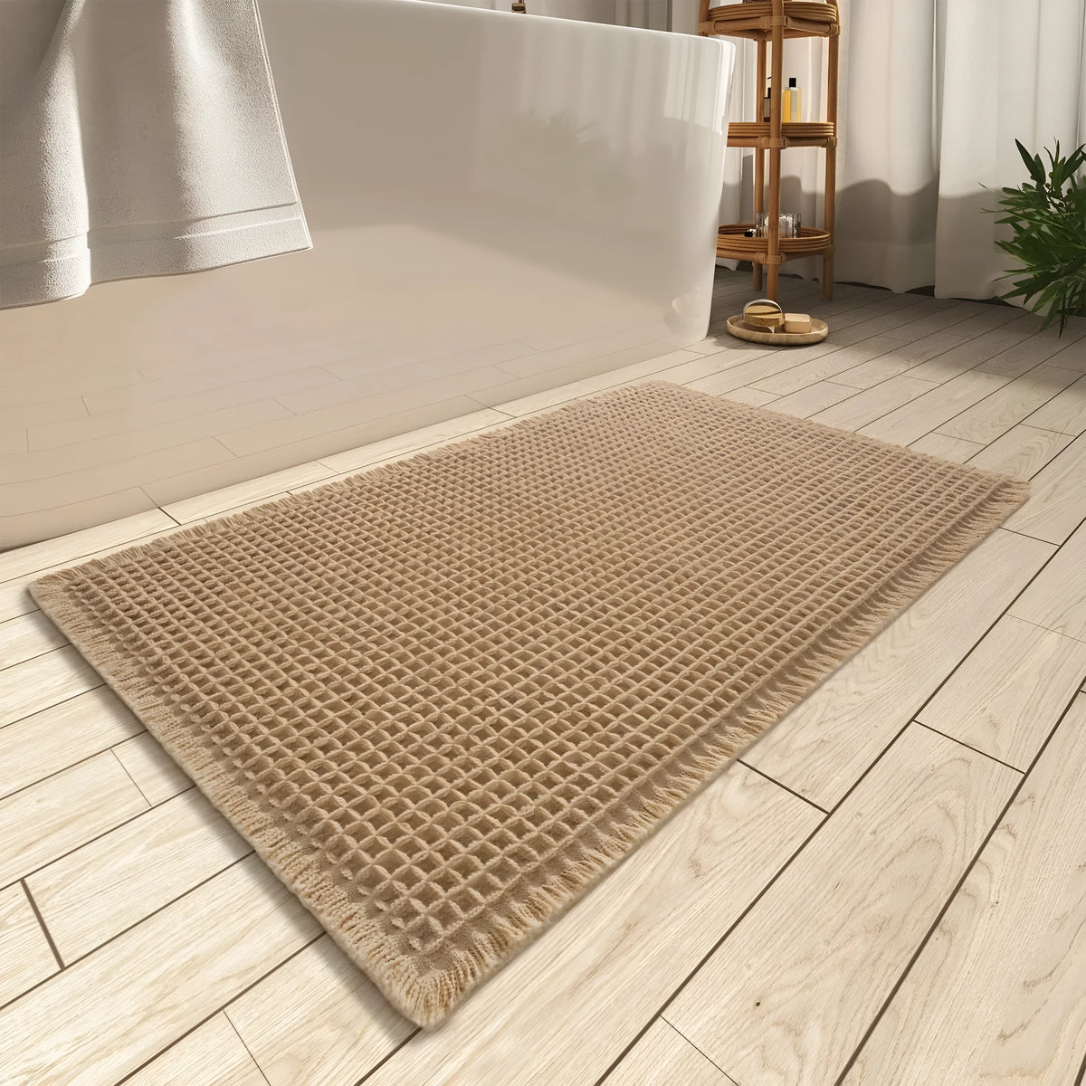 Square checkered pattern bath mat in beige colour on a bathroom floor.