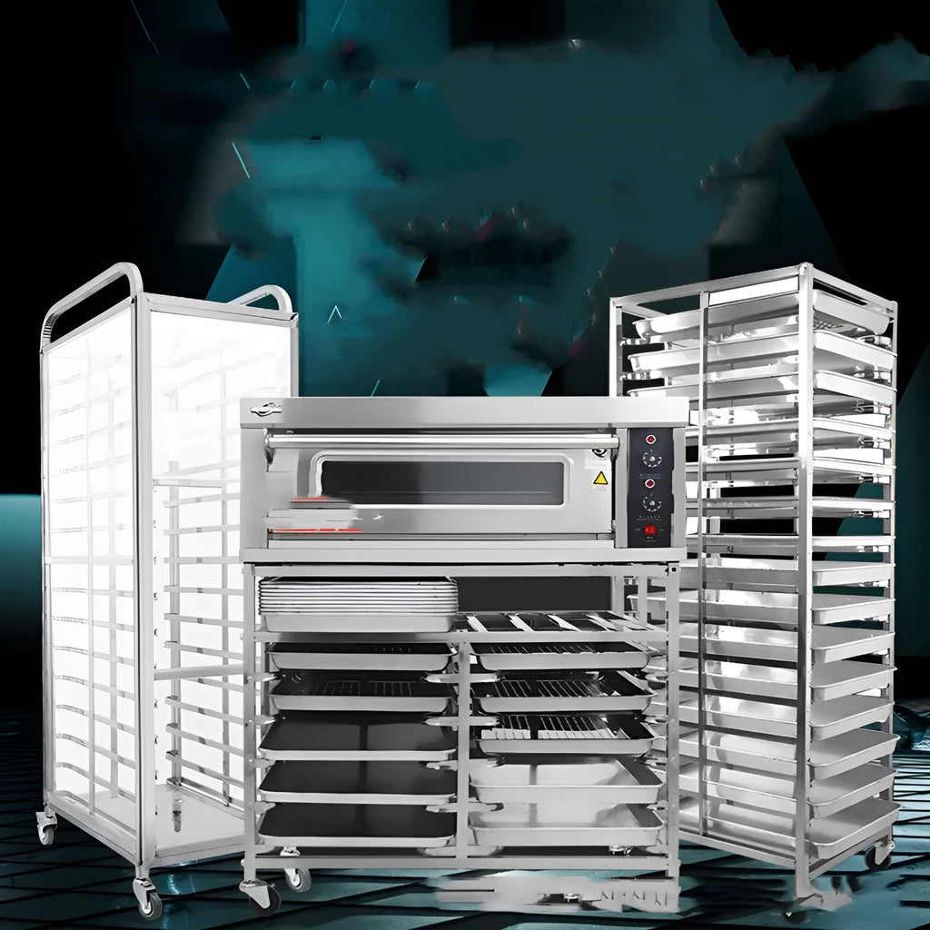 Stainless steel six-layer baking tray rack with locking mechanism and 40x60cm sheets.