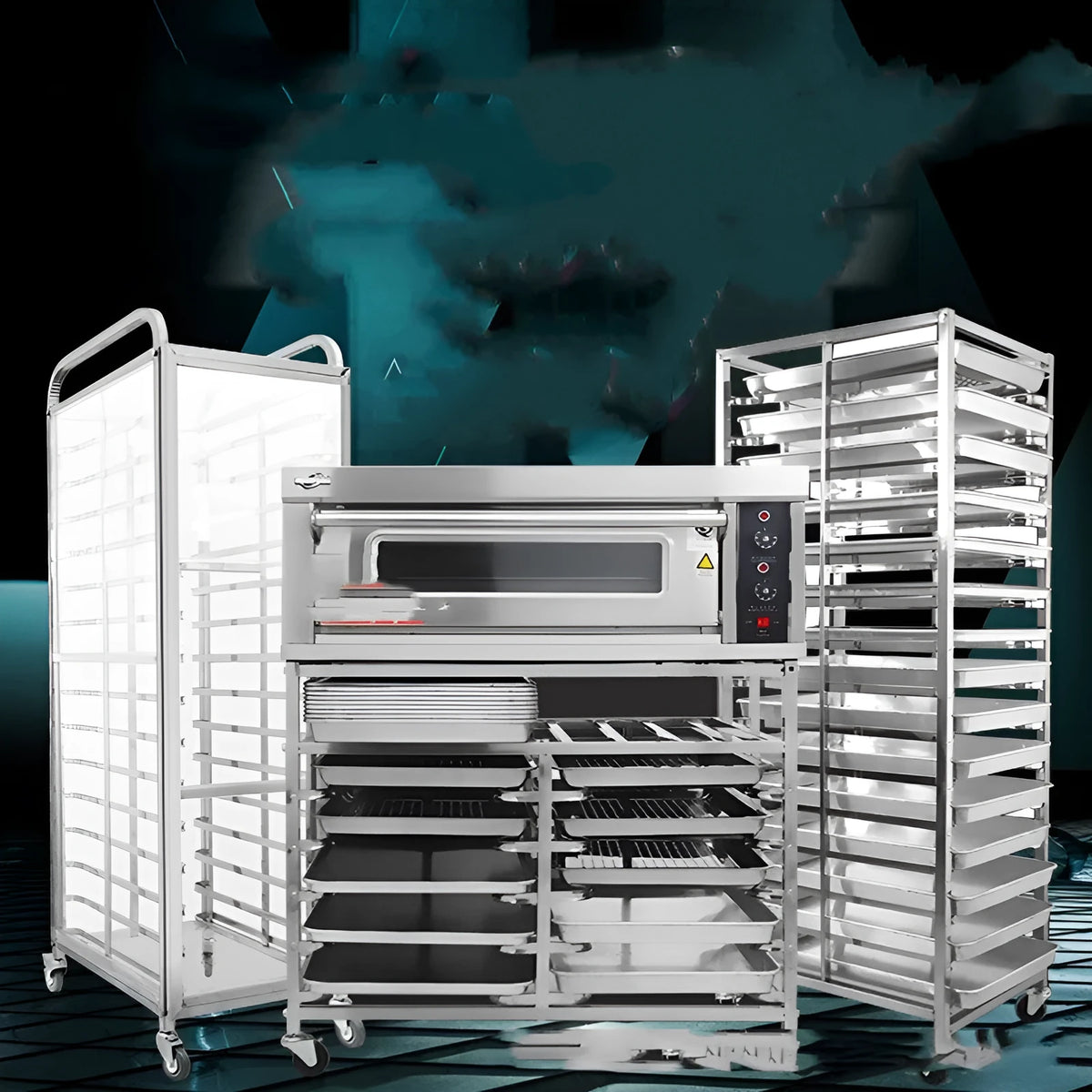 Stainless steel six-layer baking tray rack with locking mechanism and 40x60cm sheets.