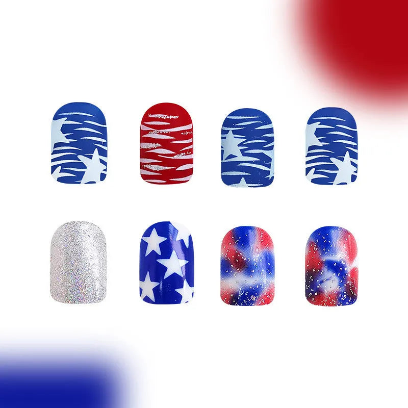 Box of red and blue glitter nail tips with Independence Day pattern and short square shape