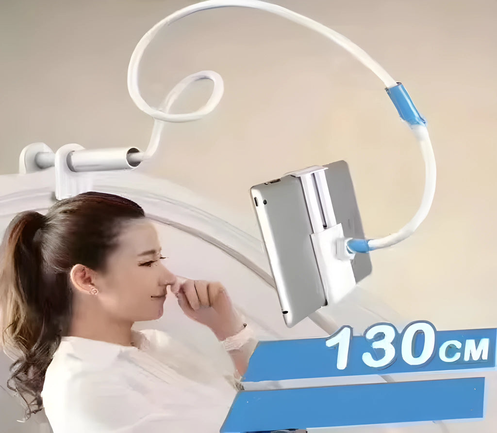 Blue universal mobile phone and tablet holder for bedside use, 4-11 inch devices, 120cm pole