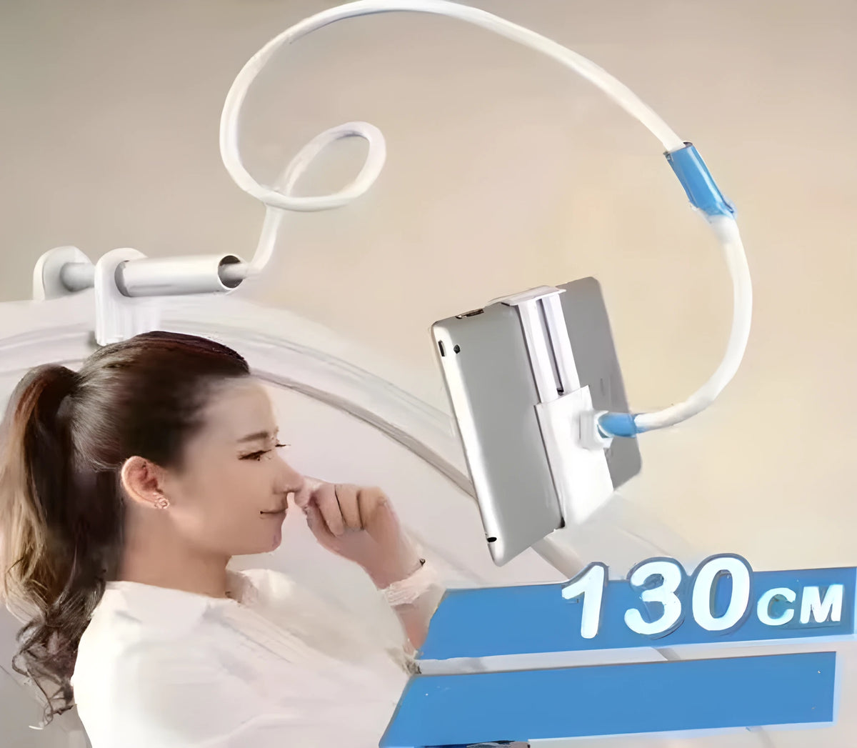 Blue universal mobile phone and tablet holder for bedside use, 4-11 inch devices, 120cm pole
