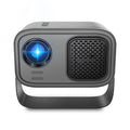 Black portable HD projector with remote control and multiple international power plugs