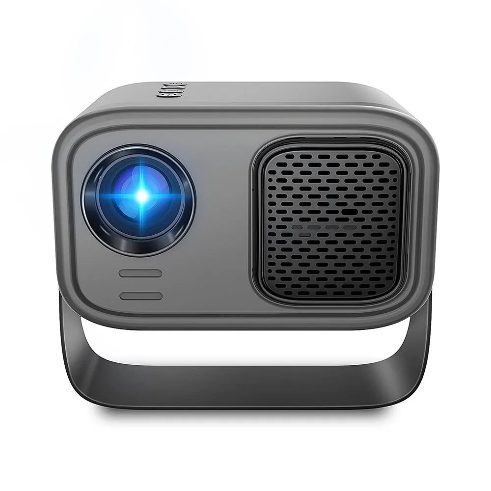 Black portable HD projector with remote control and multiple international power plugs