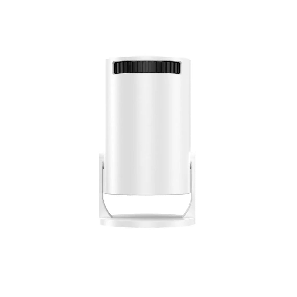 White mini wireless portable HD projector for home cinema on a table.