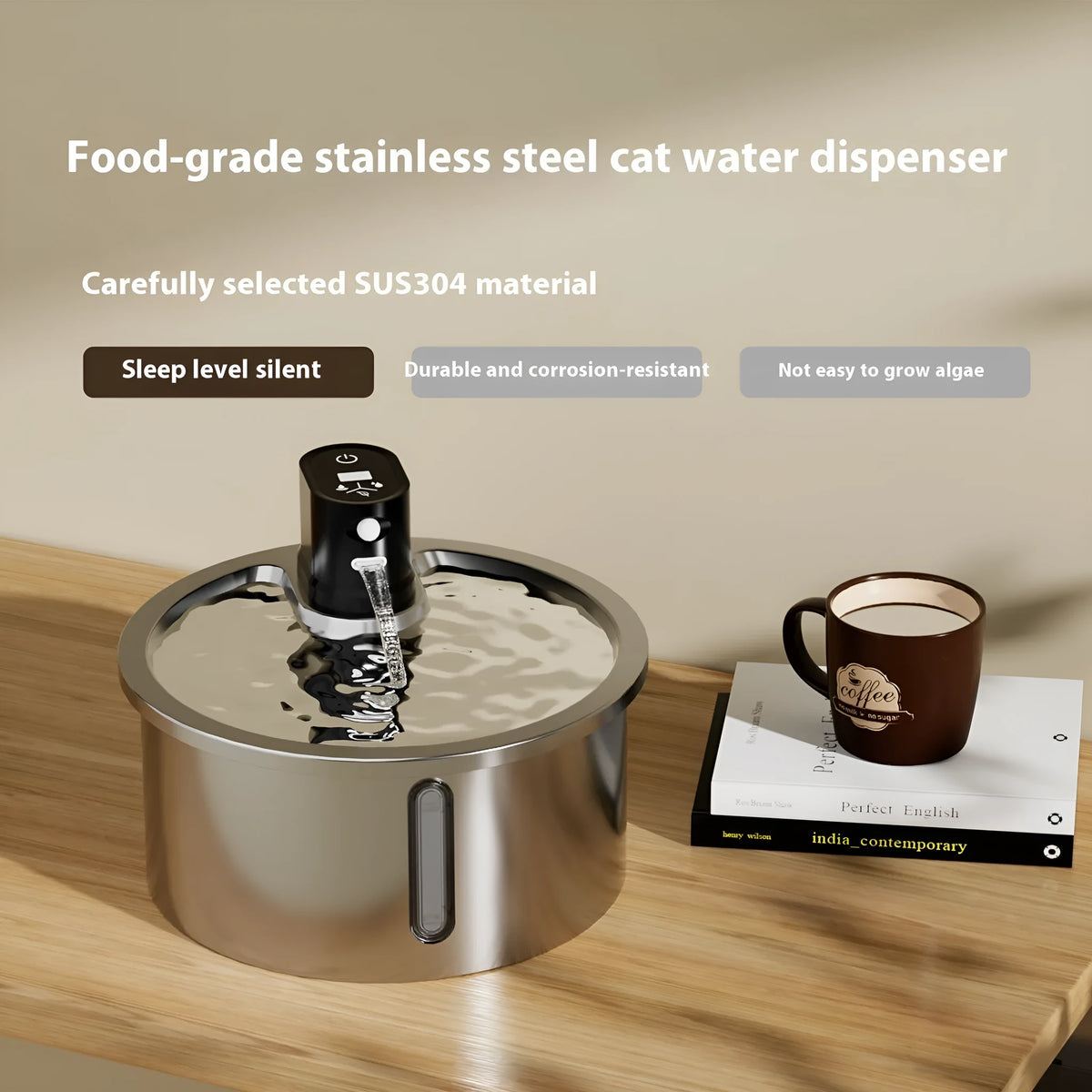 Stainless steel pet water fountain with digital heating base control panel, shown in white colour.