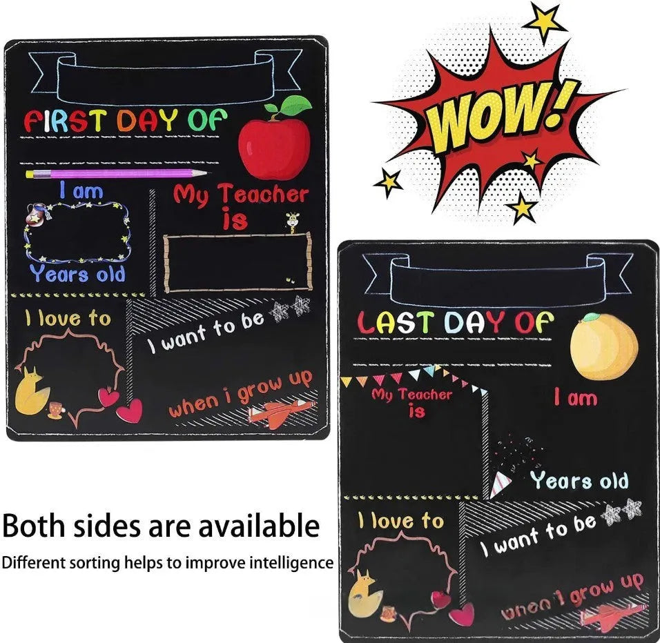 Wooden blackboard with first day of school design on density plate measuring 25.5 by 30 centimetres