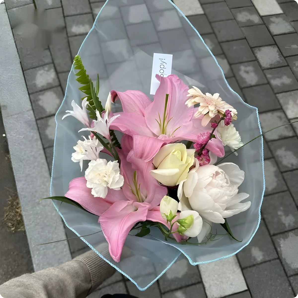 Silk bouquet packaging fabric with Arabesquitic pattern in five colour options measuring 60cm square