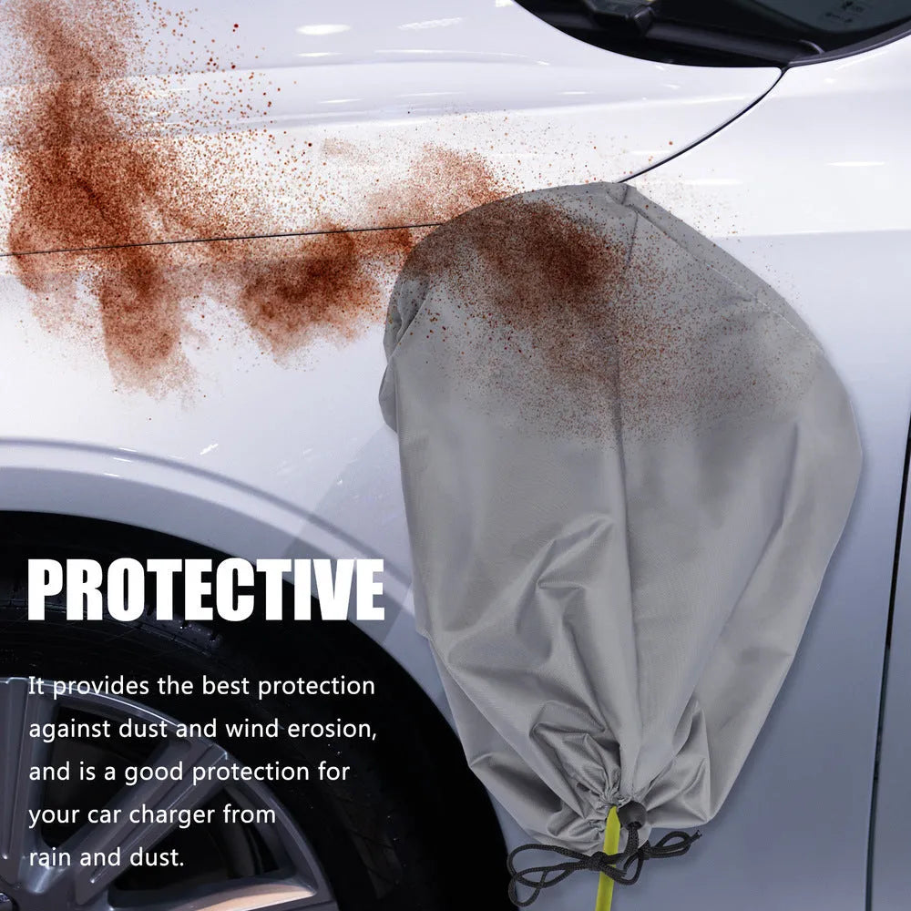 Grey waterproof drawstring cover for an electric vehicle charging port.