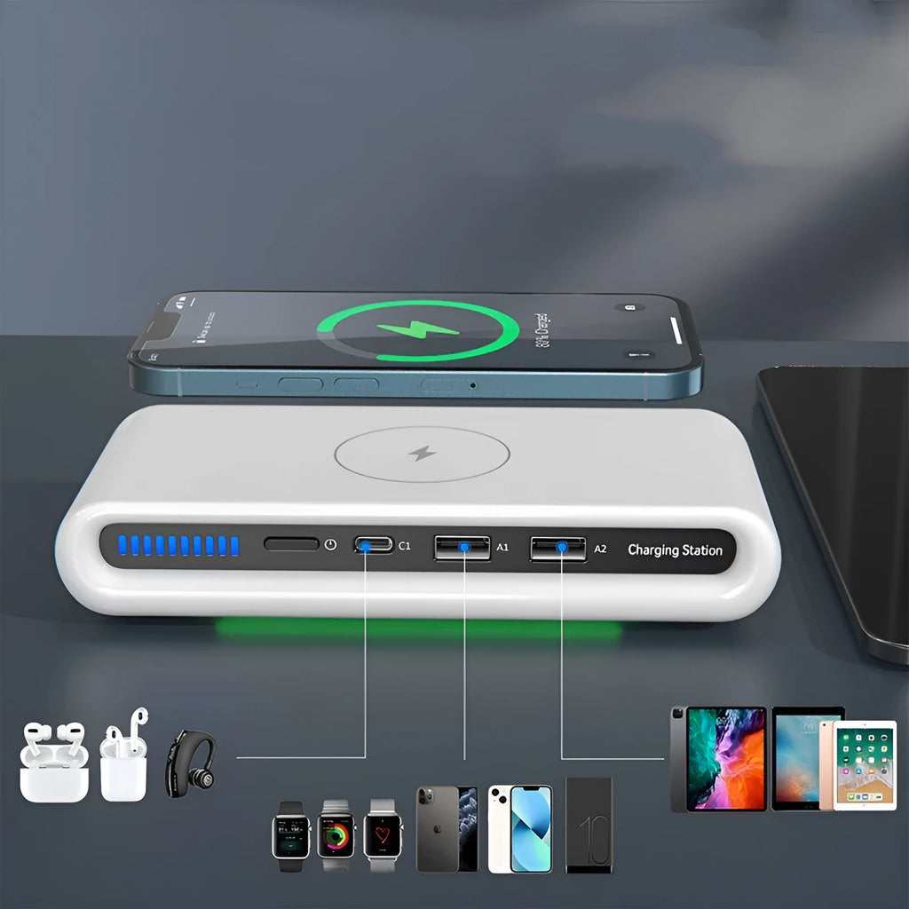 White desktop wireless charger with ambient lighting, showing phone charging on its 175mm x 83mm surface