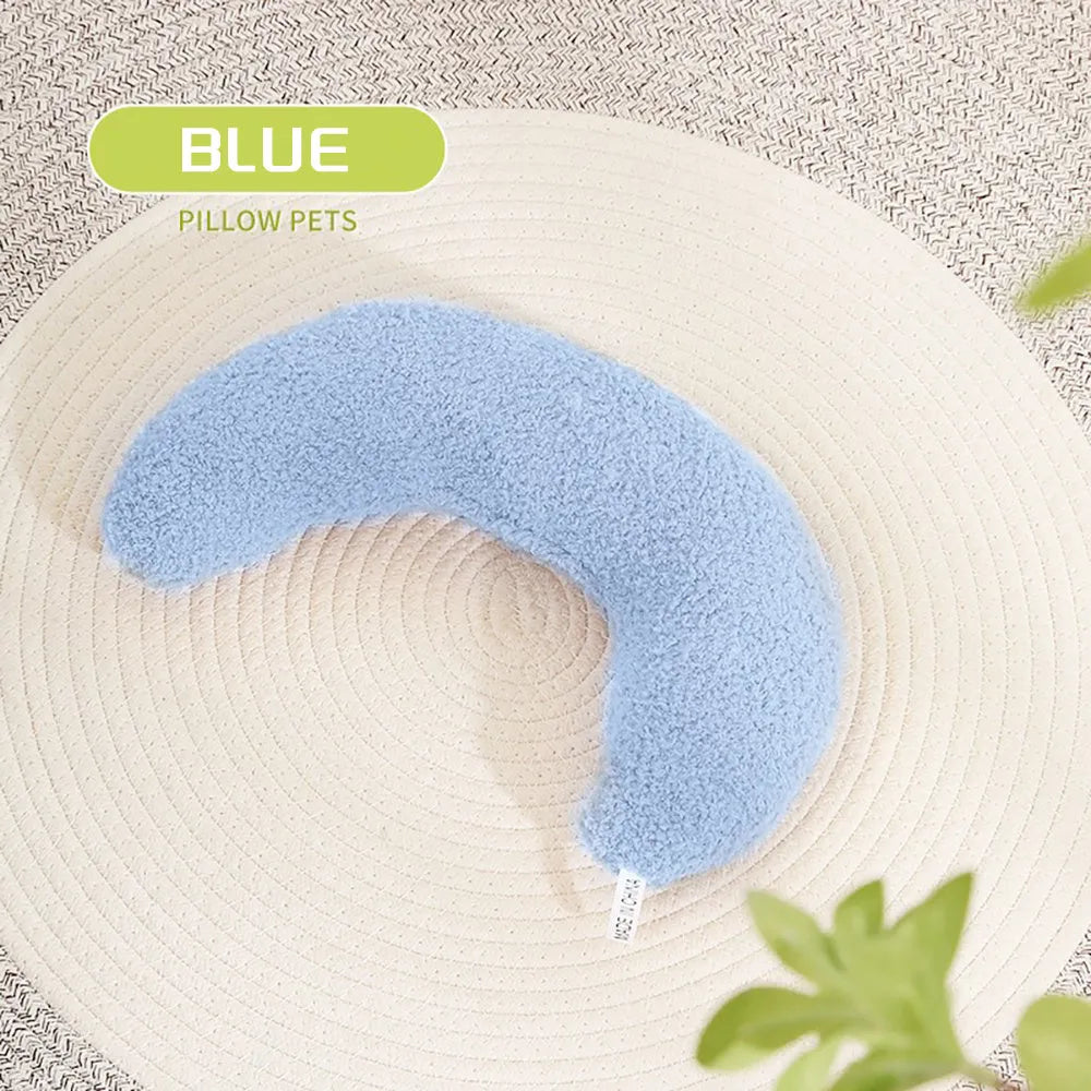 Blue U-shaped cat pillow with adjustable neck collar for sleeping support