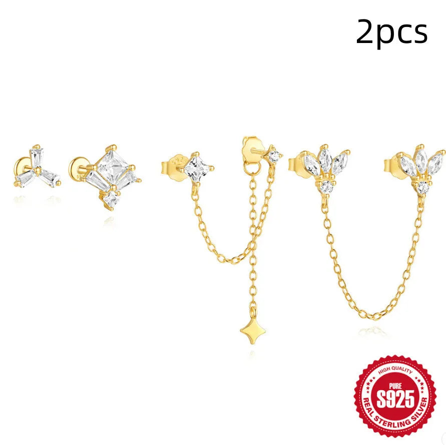 S925 sterling silver double ear piercing zircon chain stud earrings in gold tone geometric design