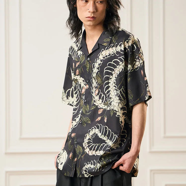 Short sleeve Cuban collar shirt with snake bone pattern print in loose fit style for summer