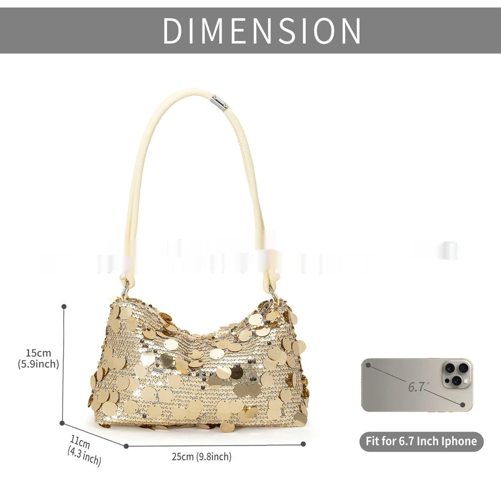 Soft polyester women's underarm crossbody shoulder bag in black, gold, or silver.