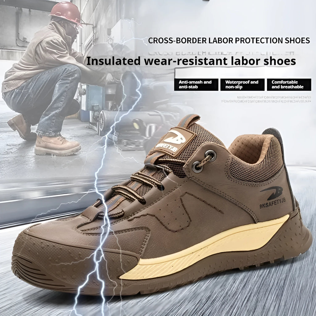 Men's leather work safety shoe with a black rubber sole, shown in a neutral colour.